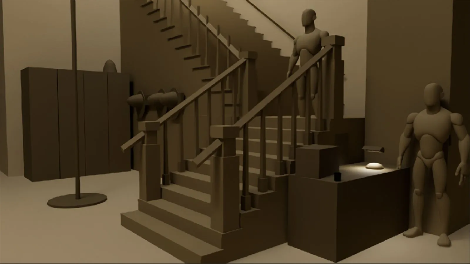 02 · Blockout — Massing out the space, camera and scale.