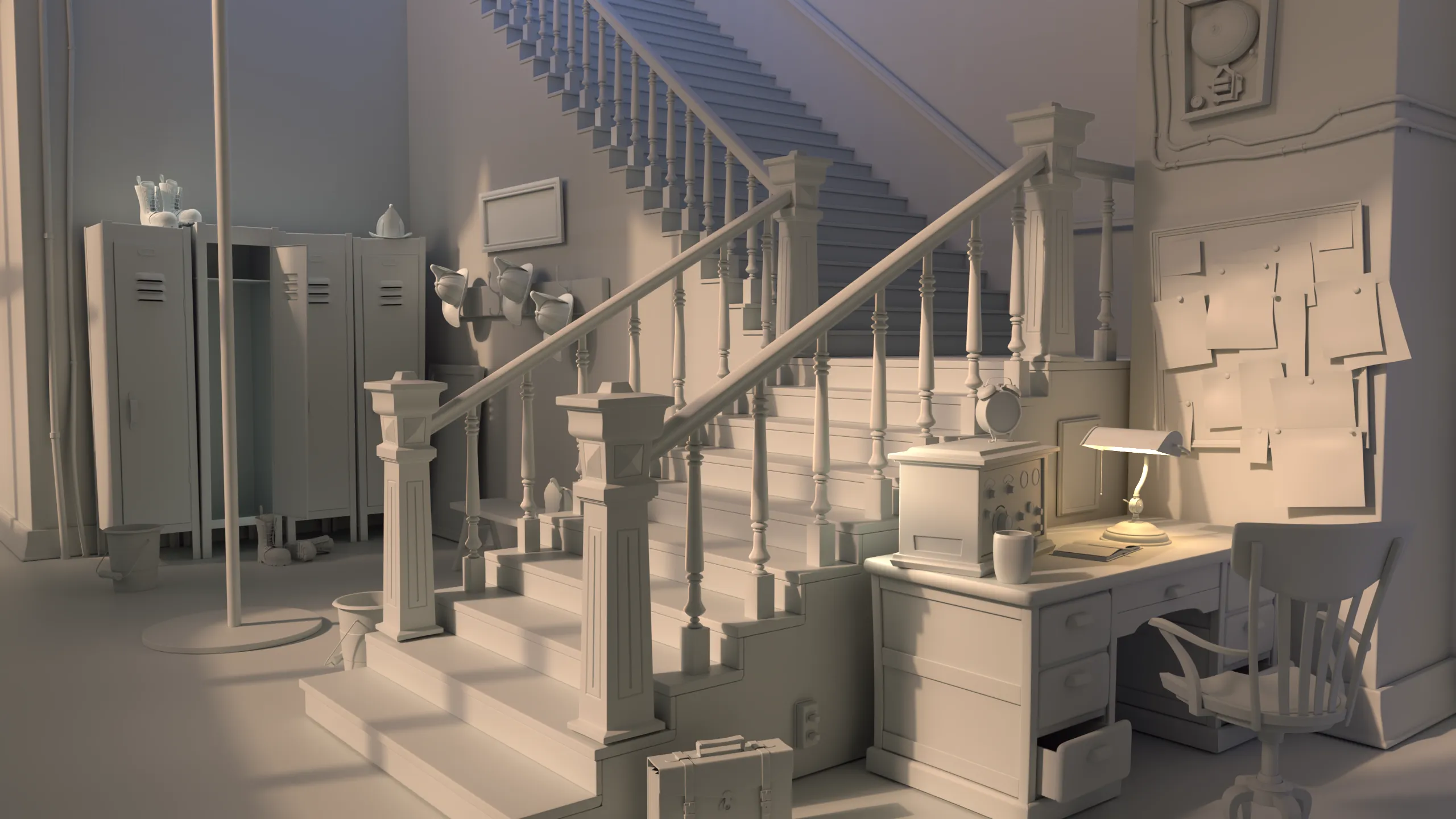 05 · Clay + light — Grey clay render to validate the lighting design.